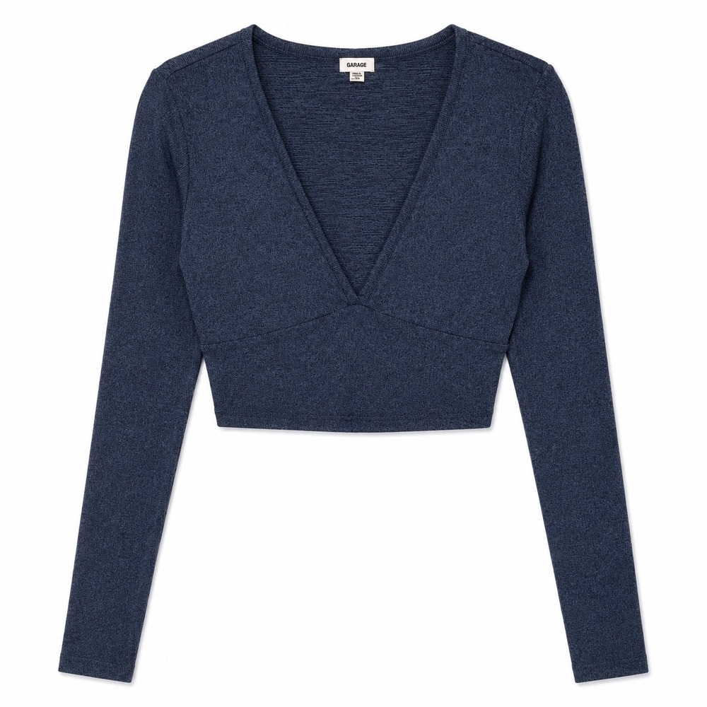 Garage Blue‎ Marl Deep V Crop Top Long Sleeve Top Medium